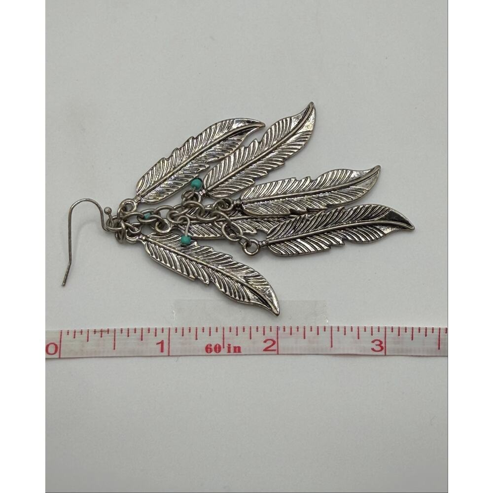 Silver Feather Cascade Dangle Earrings with Turquoise Accent Boho - Picture 6 of 6